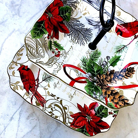 222 FIFTH  “HOLIDAY WISHES” 2 TIERED SERVING TRAY POINSETTIA PINECONES SCRIPT - Picture 8 of 11